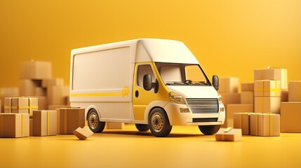 Commercial delivery white van with cardboard boxes on yellow background. Delivery order service company transportation box business background with van truck. 3d rendering, 3d illustration.