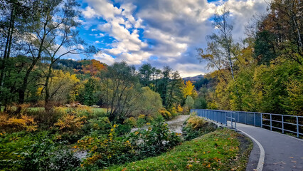 Walk around the Nisa river. Bicycle path Odra - Nisa between Chrastava and Bílý Kostel nad Nisou in autumn. Liberec region, Czech Republic.