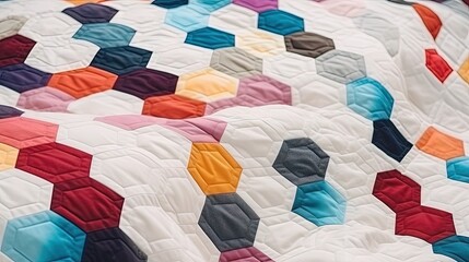 Fragment of tumbling blocks quilt, accessories for quilting on a white surface. Space for text. - obrazy, fototapety, plakaty