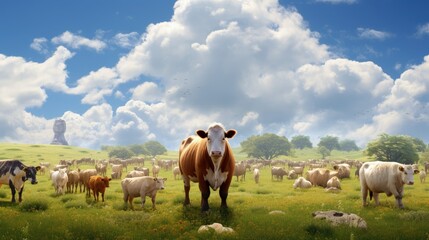 Naklejka na ściany i meble Lots of farm animals on the pasture