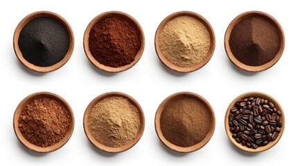 Flat lay of Different types of grinds coffee in wooden bowl isolated on white background. Clipping path.