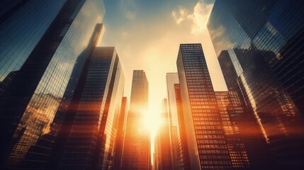 Bottom view of modern skyscrapers in business district in evening light at sunset with lens flare filter effect - obrazy, fototapety, plakaty