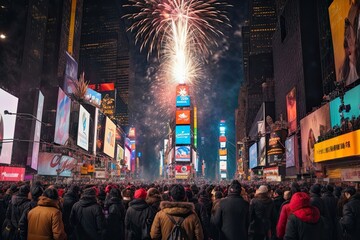 Fototapeta premium Festival Celebration at NYC of New York, Hyper active celebration of christmas, new year etc festivals with fireworks at night