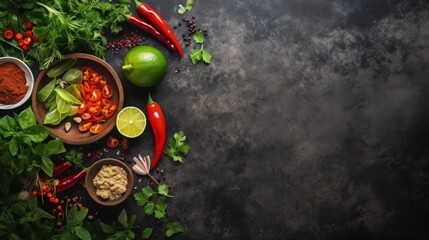 Asian food background with various ingredients on rustic stone background , top view. Vietnam and Thai cuisine. - obrazy, fototapety, plakaty