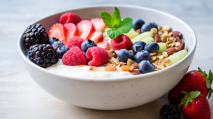 Porridge with berries in a bowl for breakfast. Generative AI,