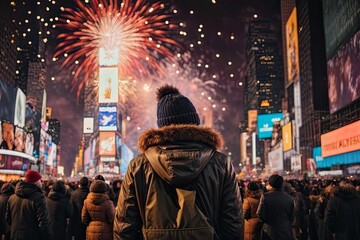Obraz premium Festival Celebration at NYC of New York, Hyper active celebration of christmas, new year etc festivals with fireworks at night