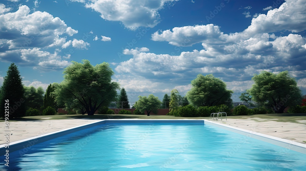 Poster empty swimming pool in summer.