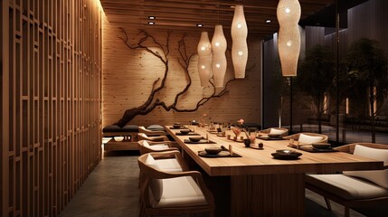 Yakitori Japanese Grilled Skewer Restaurant private seating area. Mostly decorated with oak wood texture. Minimalist interior design. - obrazy, fototapety, plakaty