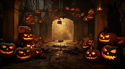 Lots of sinister pumpkins lying on the floor and hanging on the wall, burning carved pumpkin faces for Halloween celebrations
