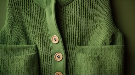 Crafted concept. Handmade background. Crochet hooks in green pocket. Fragment of handmade clothing with hooks in the pocket. Wooden buttons on handmade sweater. Stylish clothing crafted, handmade