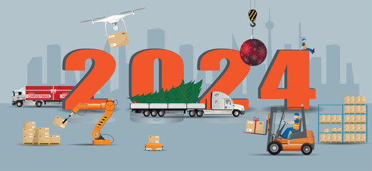 New Year's bustle for the delivery of New Year's goods in the New Year 2024. Warehouse, logistics, delivery. Vector.
