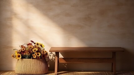 Fototapeta na wymiar Wooden table of free space and wall with shadows. Brown picnic basket and fresh flowers