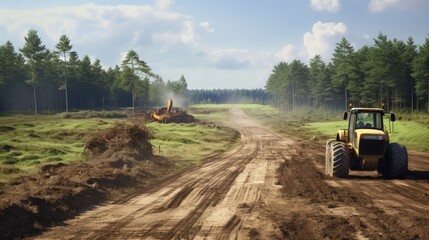 Clearing, grading, leveling and clearing of vegetation on land field for the construction of road or highway - obrazy, fototapety, plakaty