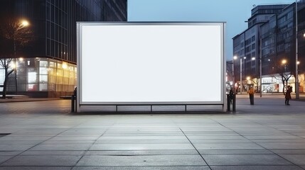 Advertising empty long white billboard with space for mockup information at urban street front view