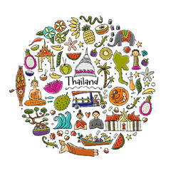 Fototapeta premium Travel to Thailand. Concept art design with Siam elements, map, people and landmarks, thai food etc. Vector illustration