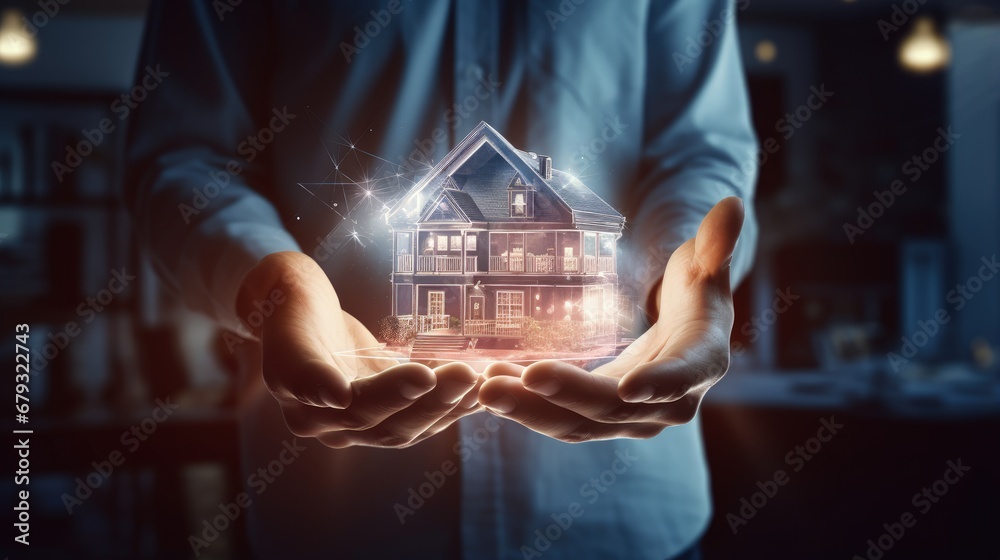 Wall mural smart home innovation technology and system for house automation control concept. man holding small 