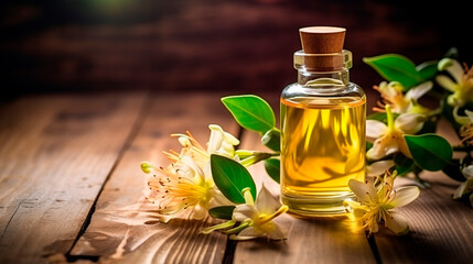 Honeysuckle essential oil in a bottle. Generative AI, - obrazy, fototapety, plakaty