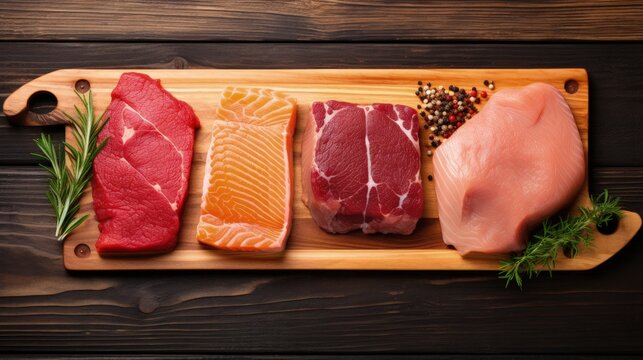 Raw steaks - fish salmon, beef meat and turkey breast fillet on a cutting board. Wooden background. Top view. Copy space.