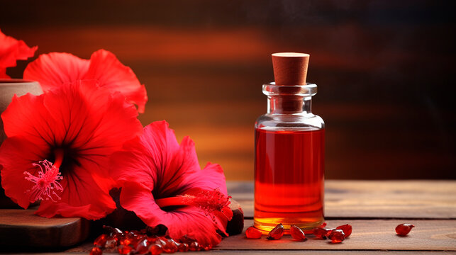 Hibiscus essential oil in a bottle. Generative AI,
