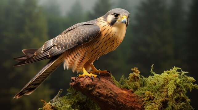 The Eurasian hobby Falco subbuteo or just hobby, is a small, slim falcon, Falconidae, young bird on the branch. - Powered by Adobe