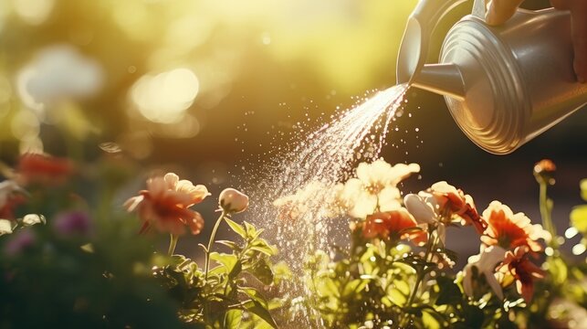 Unrecognisable Man Watering Flower Bed Using Watering Can. Gardening Hobby Concept. Flower Garden Image With Lens Flare.