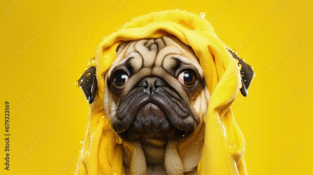 Aufkleber funny wet puppy of the pug breed after bath wrapped in towel. just washed cute dog with soap foam on