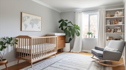 a gender-neutral nursery with a crib featuring hidden storage - obrazy, fototapety, plakaty