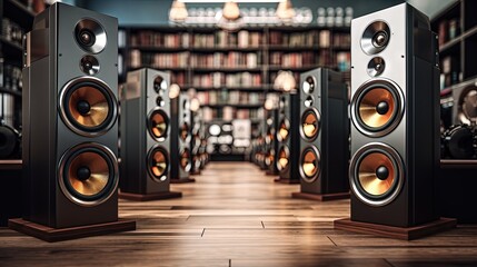 Professional speakers in music store. Buy hi fi sound system - obrazy, fototapety, plakaty