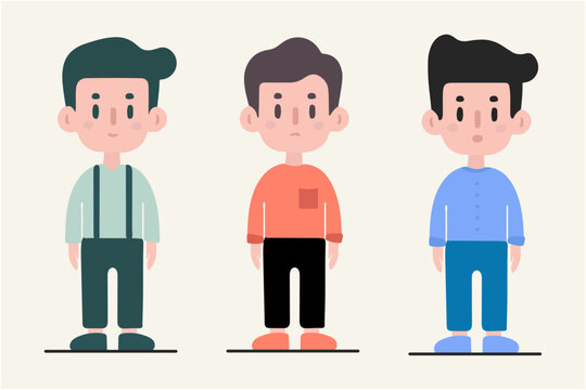 set of cute simple young little boy teen flat full body cartoon child character kid vector illustration in casual cloths standing position with emotions male for animation lip sync project collection