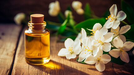 Jasmine essential oil in a bottle. Generative AI, - obrazy, fototapety, plakaty