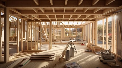 Interior of a UK timber frame house under construction - 679323508