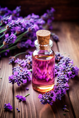 Lavender essential oil in a bottle. Generative AI,