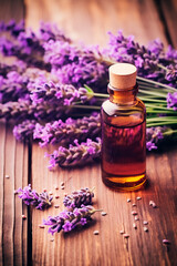 Fototapeta na wymiar Lavender essential oil in a bottle. Generative AI,