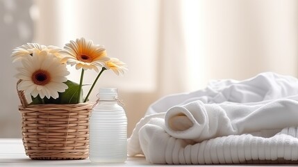 Obraz na płótnie Canvas Wicker basket with white linen, washing gel and fabric softener on a white table with gerbera flowers. Mockup spring laundry day.