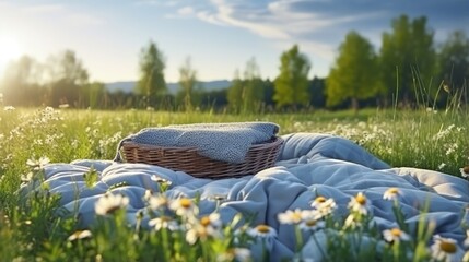 Picnic duvet with empty bascket on the meadow in nature. Panoramic view. Concept of leisure and family weekend.