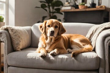 A dog sitting on a sofa