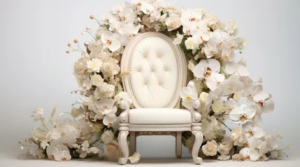 Fotobehang Orthodox Hasidic Jewish wedding bride chair with flowers for traditional event. Cream and white background with orchids, roses, petals and leaves. © HN Works