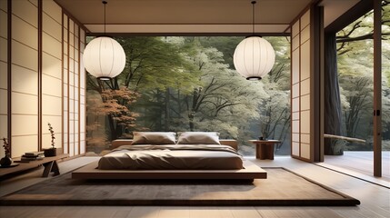 a Japanese Zen-style bedroom with a built-in wardrobe and concealed storage for a serene atmosphere