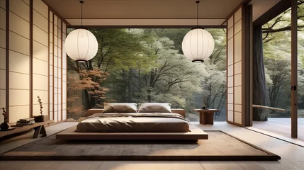 Fotobehang a Japanese Zen-style bedroom with a built-in wardrobe and concealed storage for a serene atmosphere © Warda