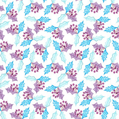 Seamless christmas pattern with different blue violet burgundy colored holly mistletoe leaves with berries.New year Xmas party background