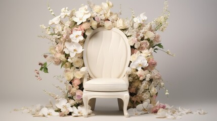 Orthodox Hasidic Jewish wedding bride chair with flowers for traditional event. Cream and white background with orchids, roses, petals and leaves.