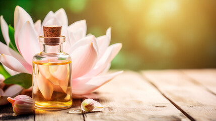 Lotus essential oil in a bottle. Generative AI,