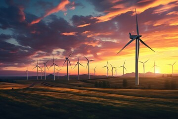 Obraz premium Wind turbines at sunset, aerial view. Renewable energy, ecology, environment concept