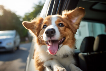 Welsh Corgi Delightfully Sticking Out Tongue During Car Ride