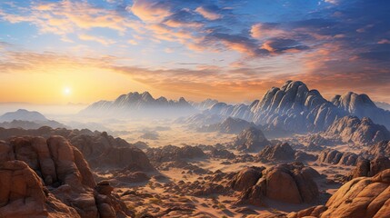 View from Mount Sinai at sunrise. Beautiful mountain landscape in Egypt. - obrazy, fototapety, plakaty