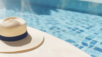 Fototapeta na wymiar Sunglasses and straw hat on marble swimming pool side with clear blue water with waves sunlight shadow reflections. Minimal fashion aesthetic summer vacation creative background
