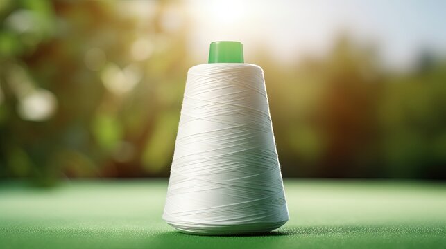 Raw White Polyester FDY Yarn spool with green blurred background. Recycle icon, sustainable icon and Bottle icon. Chemical concept