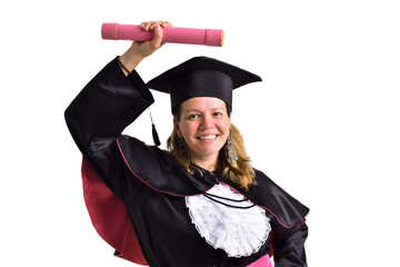 student girl wearing graduation outfit holding graduation certificate and celebrating isolated on...
