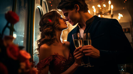 Lovers drink champagne at a party, Generative AI,