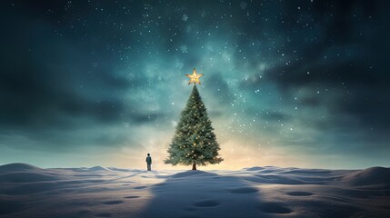 Holiday Season Aspirations concept as a pine tree sapling dreaming of glory casting a shadow shaped as a tall decorated Christmas tree with a star as a surreal winter with 3D illustration elements. - obrazy, fototapety, plakaty